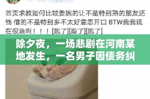 除夕夜,一场悲剧在河南某地发生,一名男子因债务纠纷,在除夕之夜持刀杀害6人。这一事件震惊了社会,也引发了人们对债务、法律和人性深层次的思考。今天,我们就来聊聊这个沉重的话题。 除夕夜,一场悲剧在河南某地发生,一名男子因债务纠纷,在除夕之夜持刀杀害6人。这一事件震惊了社会,也引发了人们对债务、法律和人性深层次的思考。今天,我们就来聊聊这个沉重的话题。